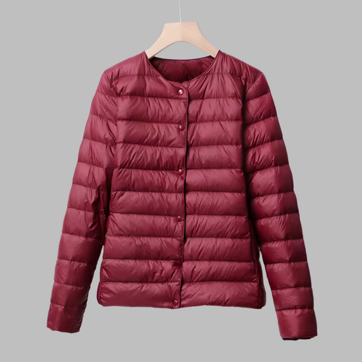 Women's ultralight collarless puffer jacket, packable for spring/winter casual outerwear & layering.