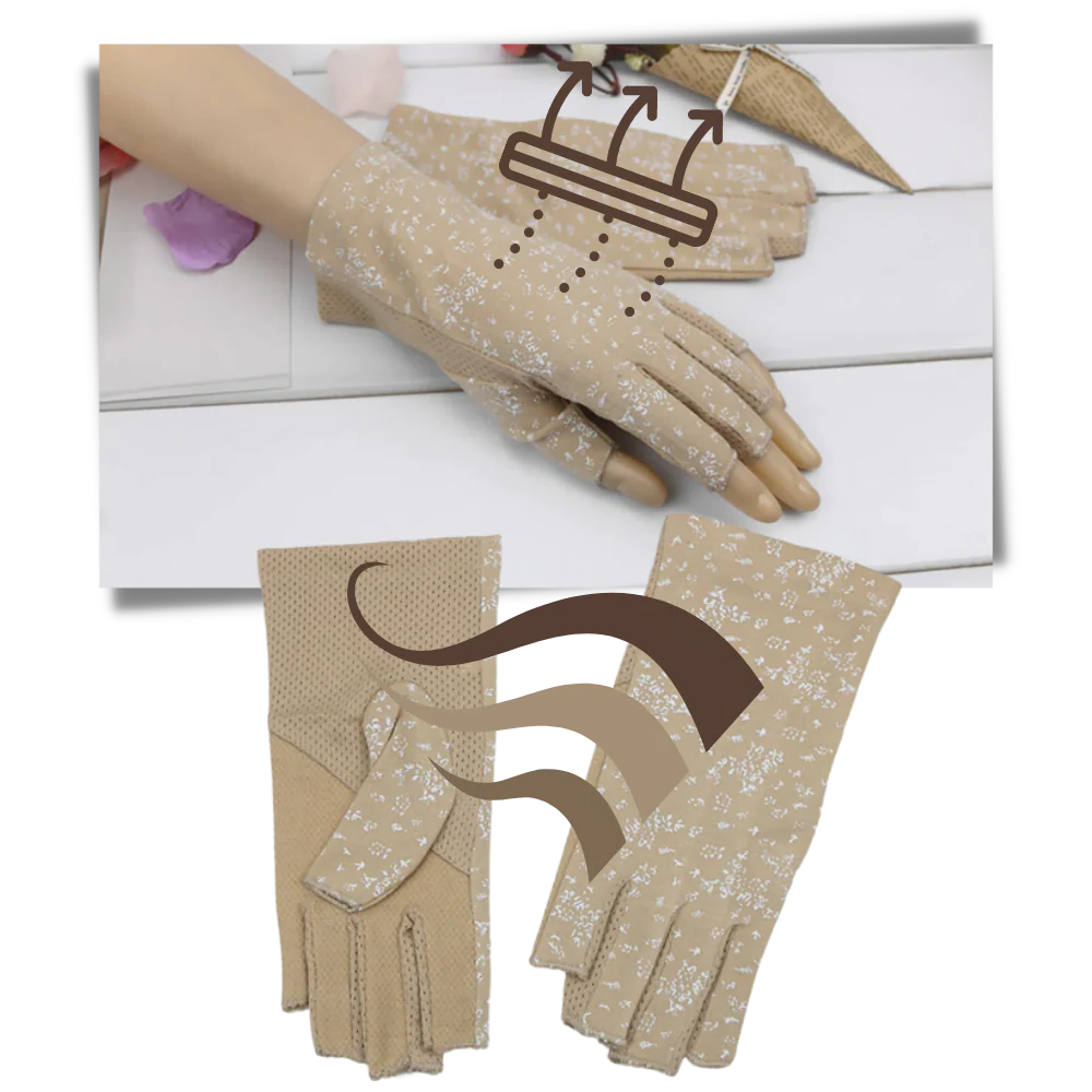 Comfortable women's UV resistant fingerless gloves. Breathable, lightweight hand protection for sun shield & outdoor use.