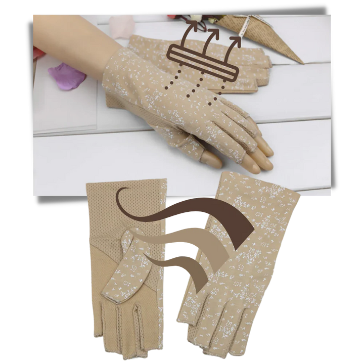 Comfortable women's UV resistant fingerless gloves. Breathable, lightweight hand protection for sun shield & outdoor use.