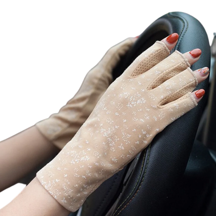 Versatile women's UV protection fingerless gloves for sun shield. Great for driving, cycling, gardening & outdoor sports.