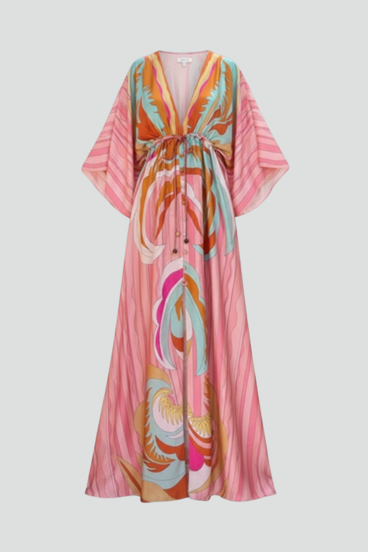 Women's V-neck abstract print maxi dress with a stylish waist belt. Perfect for summer and spring fashion.