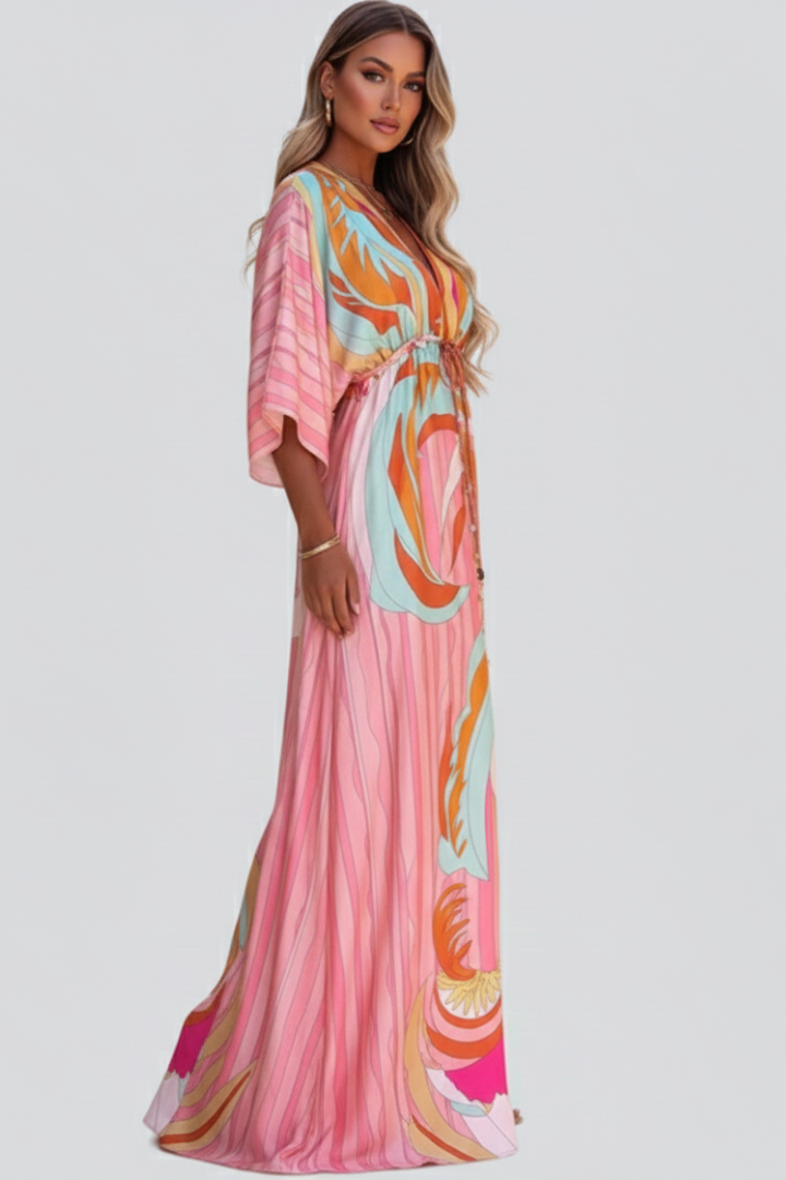 Casual yet stylish women's belted maxi dress with a unique abstract print and a comfortable V-neck design.