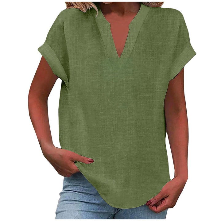 Women's V-neck top, smooth drape, relaxed fit. Ideal short sleeve blouse for smart casual outfits.