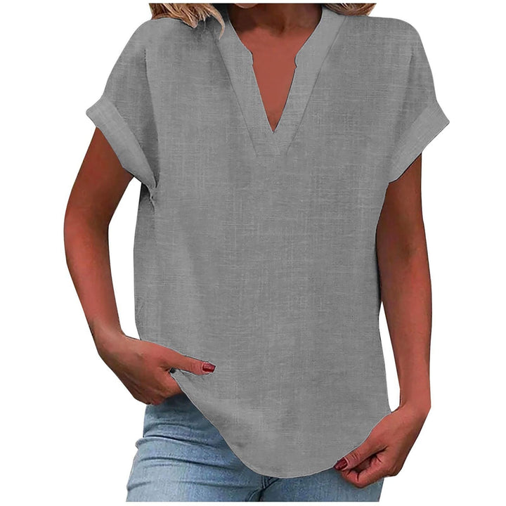 Versatile women's V-neck blouse, short sleeve, relaxed fit. An essential for any wardrobe.