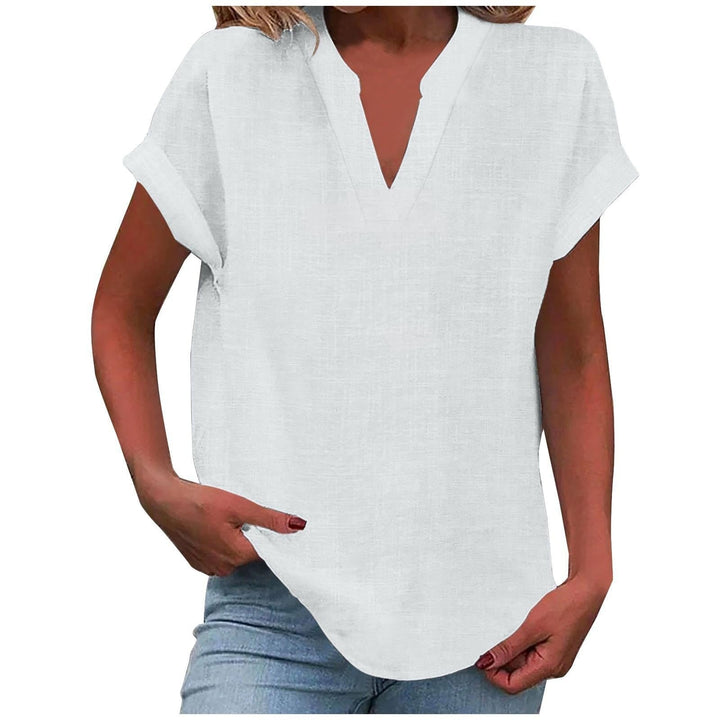 Smart casual short sleeve V-neck blouse for women. Comfortable relaxed fit & smooth fabric.