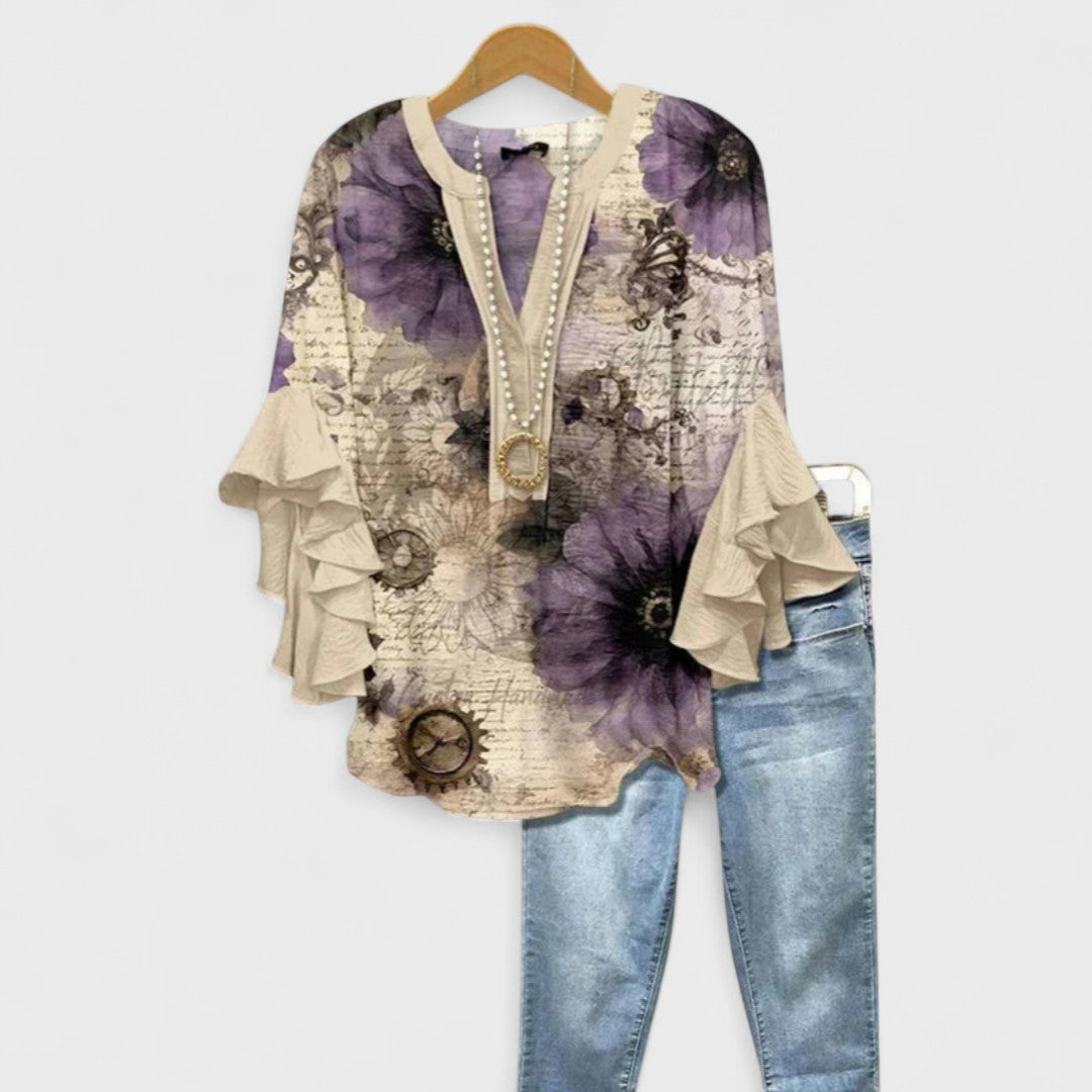Fashionable V-neck ruffle sleeve blouse for women, elegant, comfortable & trendy.