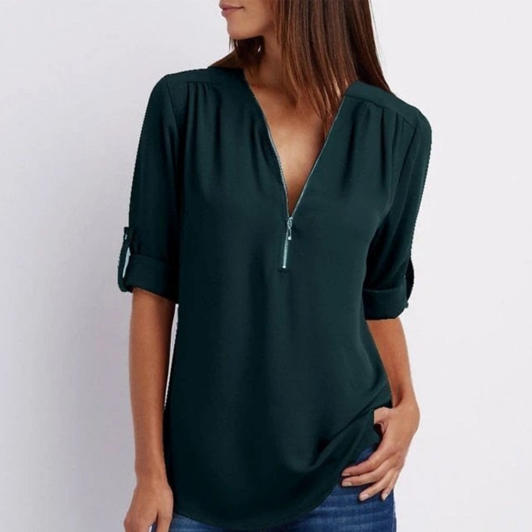 Women's V-neck top with roll-up sleeves, comfortable & versatile for everyday, casual chic, and office style.