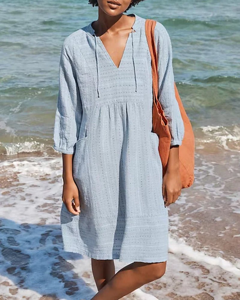 Women's V-Neck Bohemian Summer Midi Dress, perfect for casual beach days & vacation wear.
