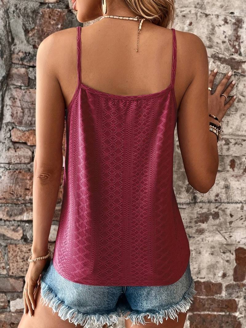 Sleeveless V-neck lace trim cami for women, a stylish alternative to a tank top. Ideal for summer casual wear.