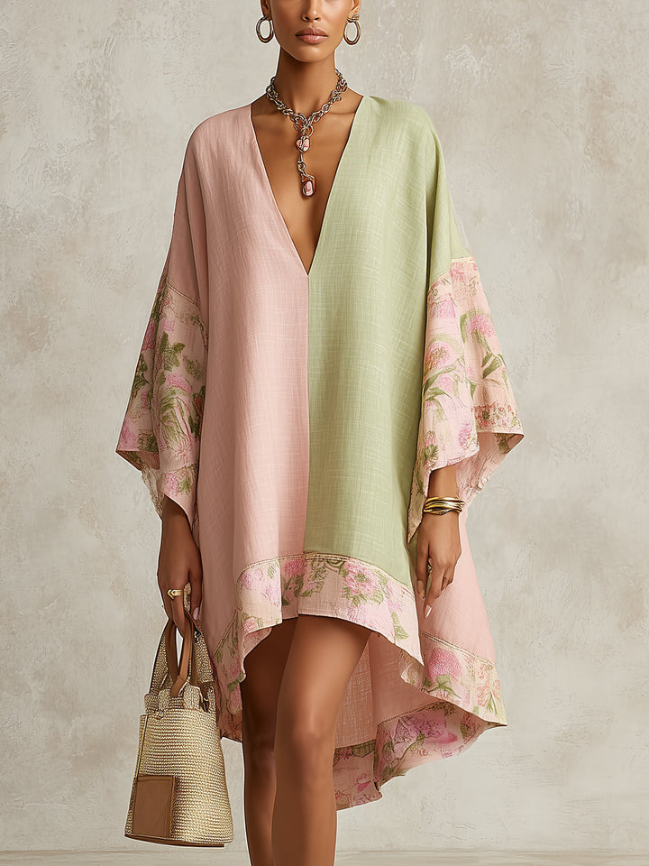 Women's V-neck color block floral kaftan maxi dress with flowing kimono sleeves, perfect for resort or beach wear.