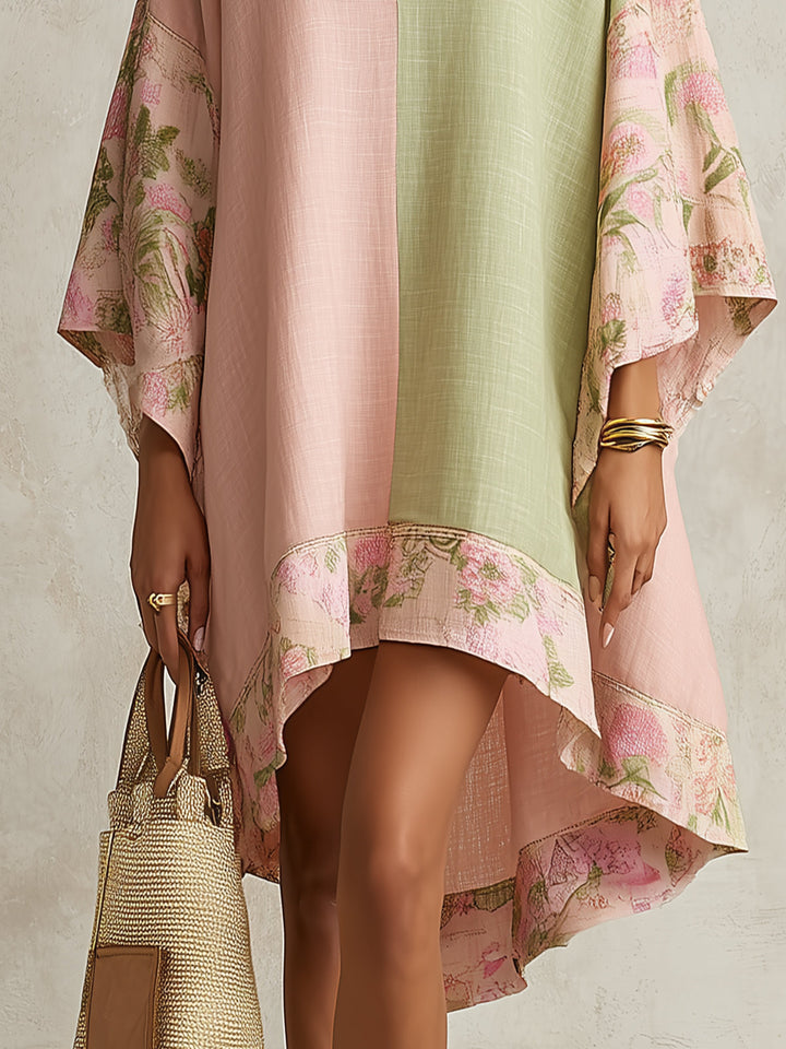 Stylish women's V-neck floral color block kaftan maxi dress with flowing sleeves, a chic choice for resort or summer.