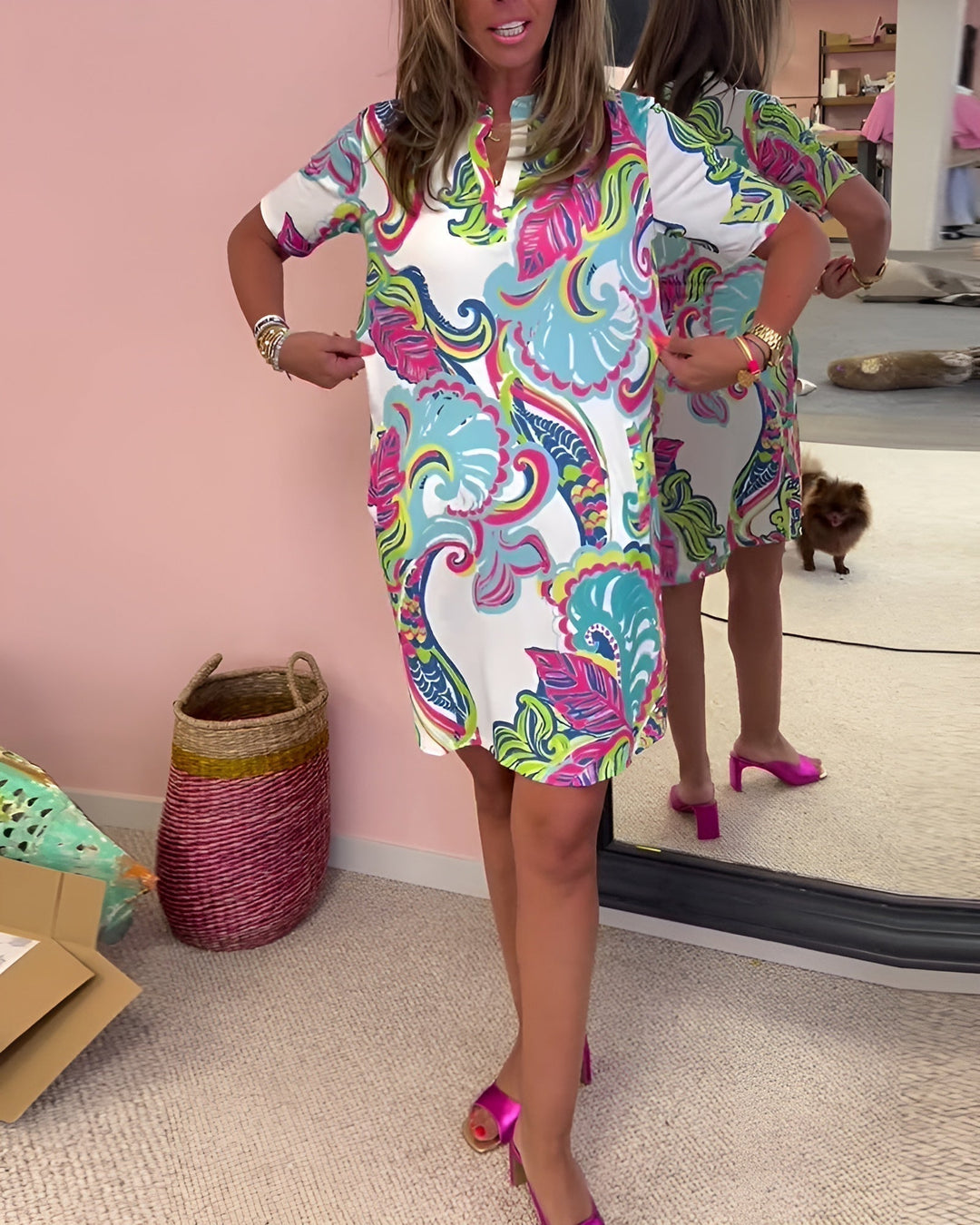 Comfortable women's V-neck draped printed dress, designed with tummy control for a smooth, stylish silhouette.