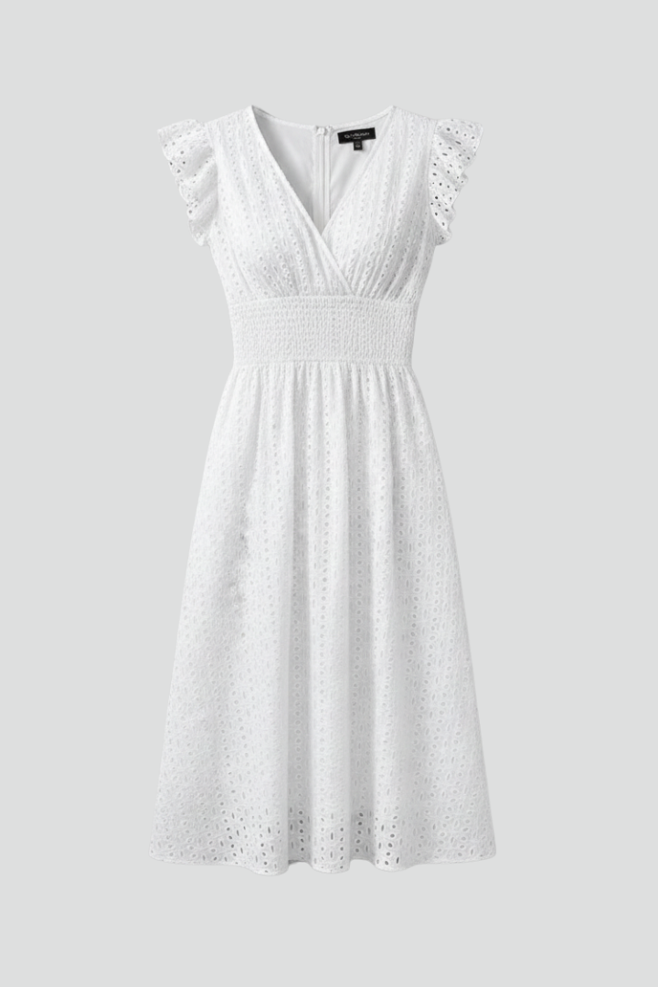 Women's V-neck dress with ruffled sleeves, knee-length, perfect for elegant summer style.