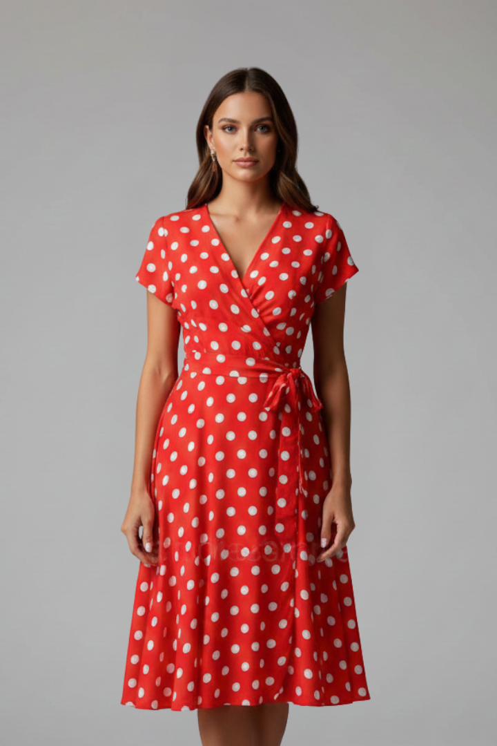 Ruffled sleeve V-neck women's dress, knee-length, flattering silhouette for everyday wear.