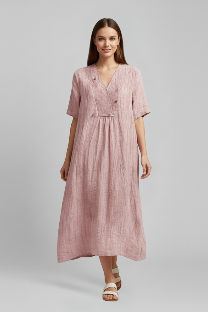 Women's casual V-neck dress, knee-length, pretty ruffled sleeves, great for spring outings.