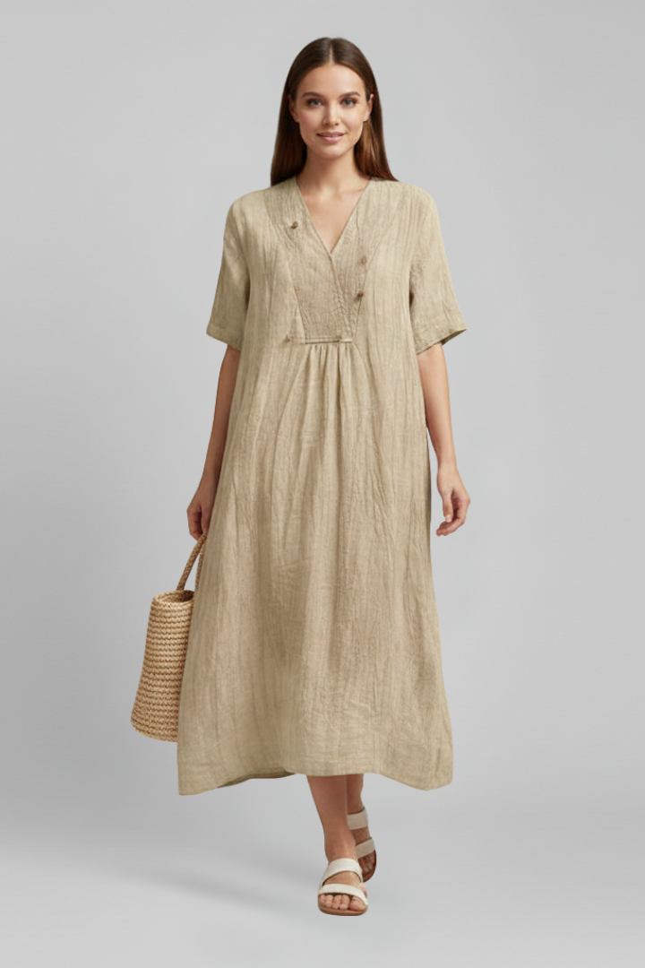 Elegant knee-length V-neck dress for women, ruffled sleeves, textured pattern, summer ready.