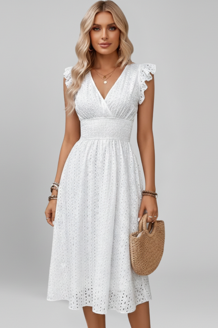 Textured patterned women's V-neck dress, ruffled short sleeves, knee-length, flattering fit.