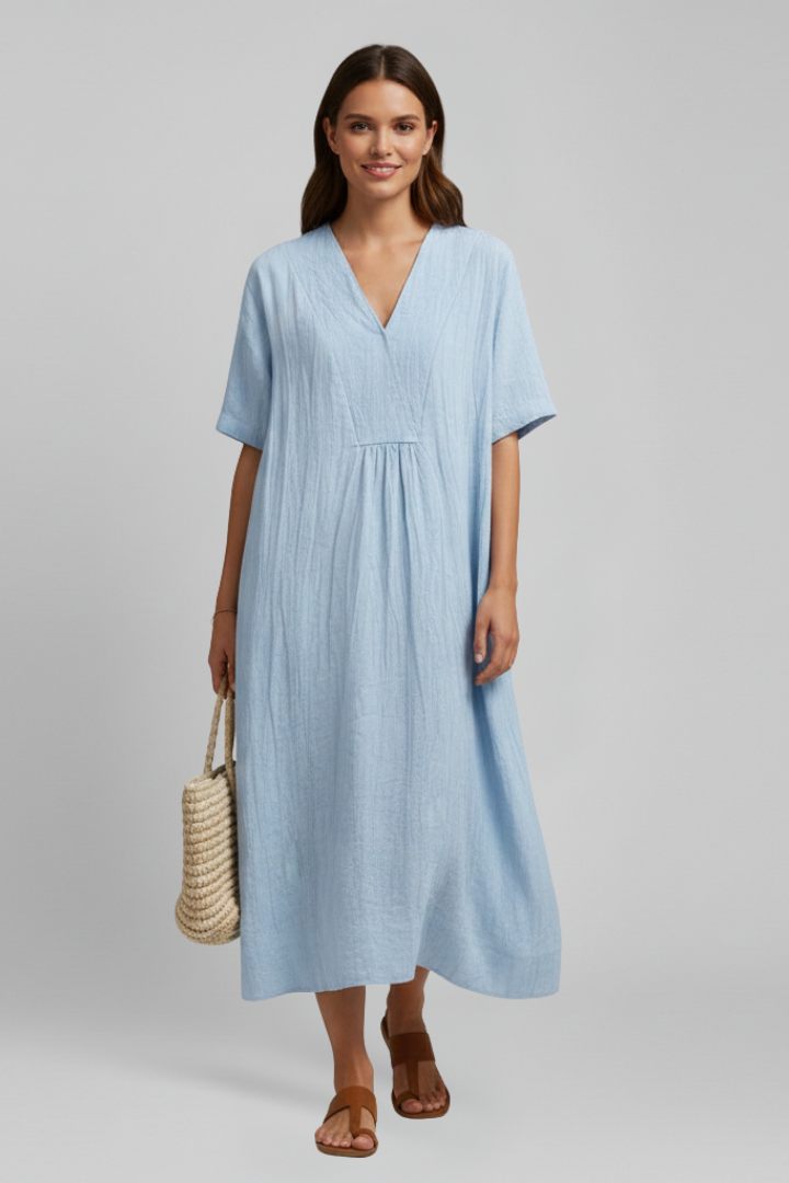Elegant women's knee-length dress, V-neck, pretty ruffled sleeves, ideal for spring/summer.