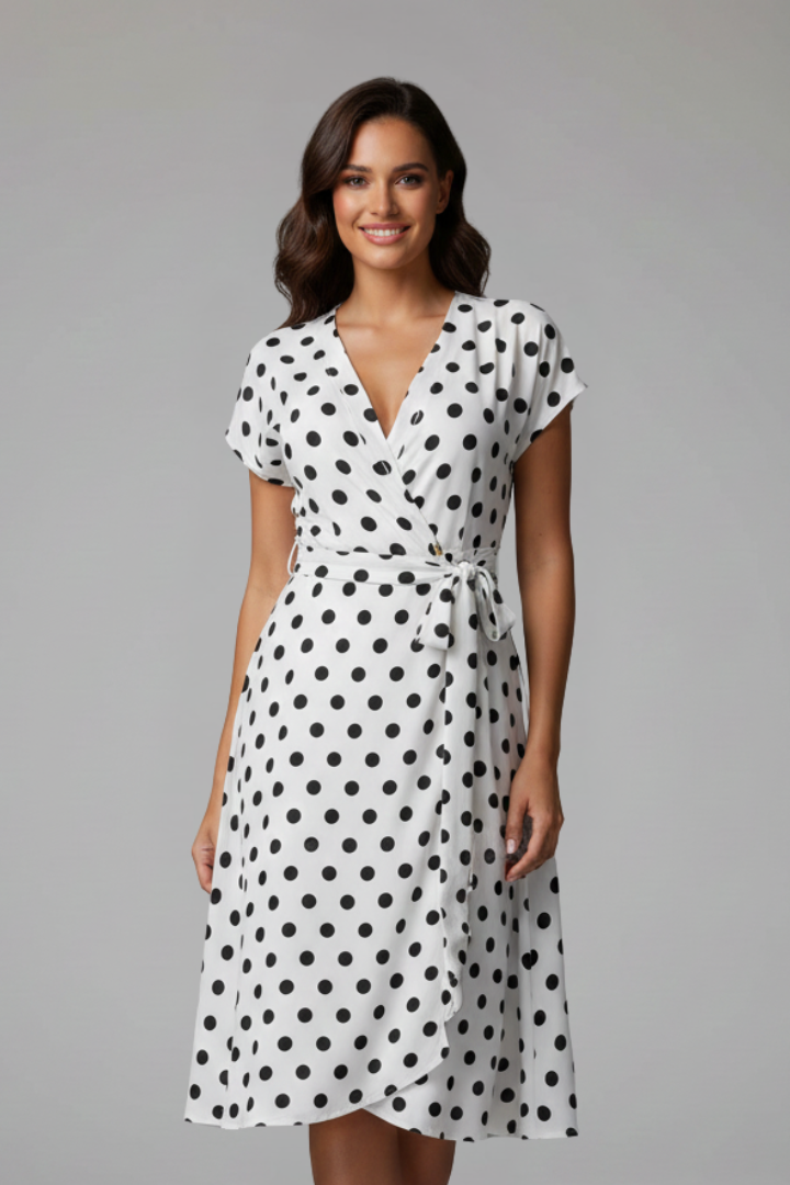 Flattering V-neck ruffled sleeve dress for women, knee-length, versatile casual elegance.