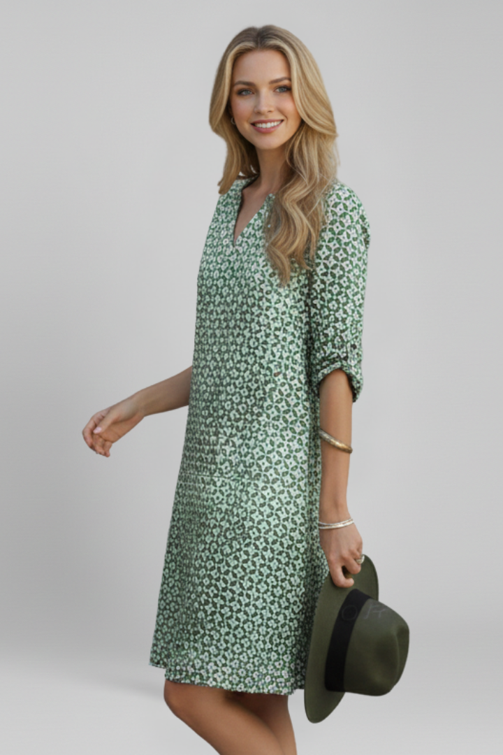Textured V-neck dress, women's knee-length, elegant ruffled sleeves, ideal for spring events.