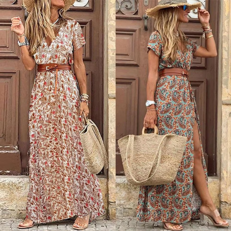 Women's V-neck floral maxi dress with tie belt, perfect for summer vacations or beachwear.