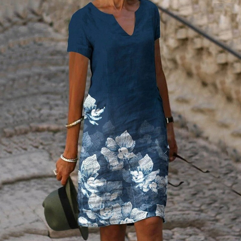Women's V-neck floral print midi dress, ideal for summer casual wear, elegant and comfortable day dress