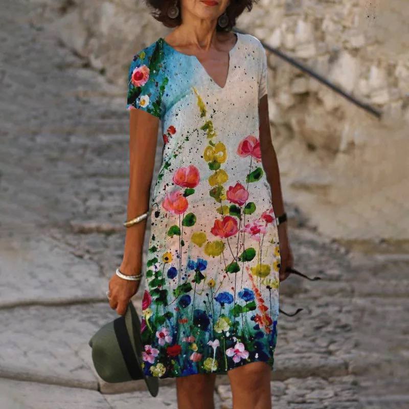 Full shot of a women's v-neck floral print midi dress, suitable for day wear, stylish and versatile