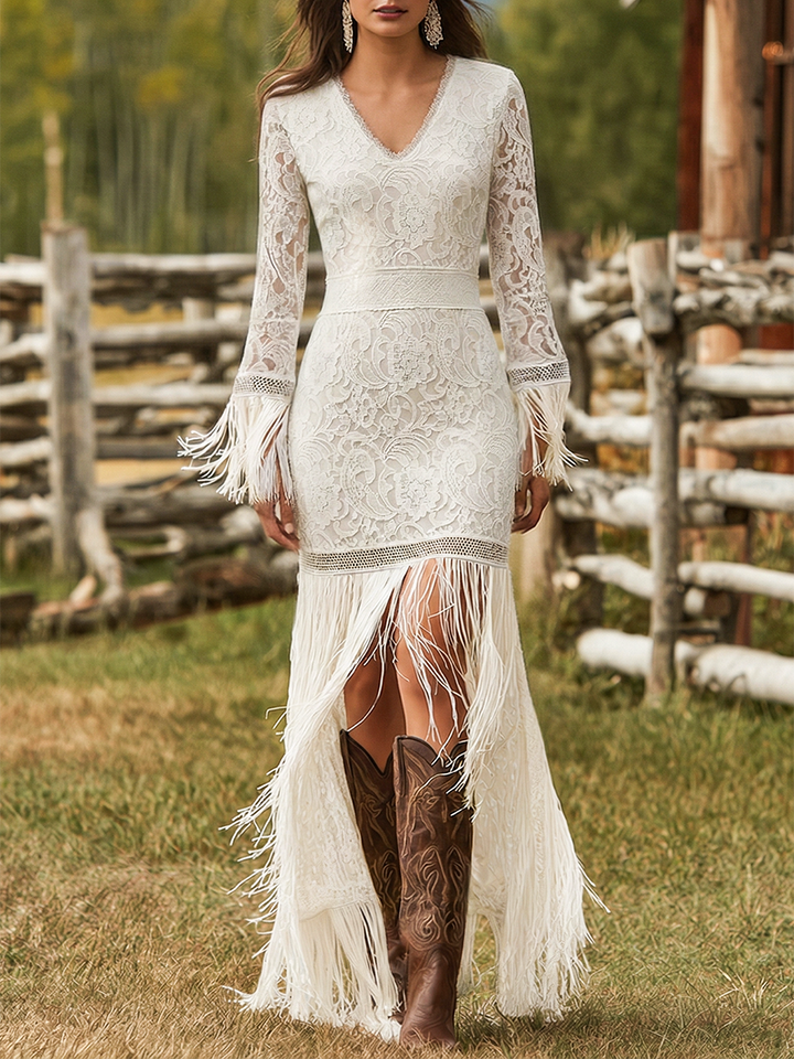 Women's V-neck fringe hem long sleeve maxi dress for formal events and evening wear.