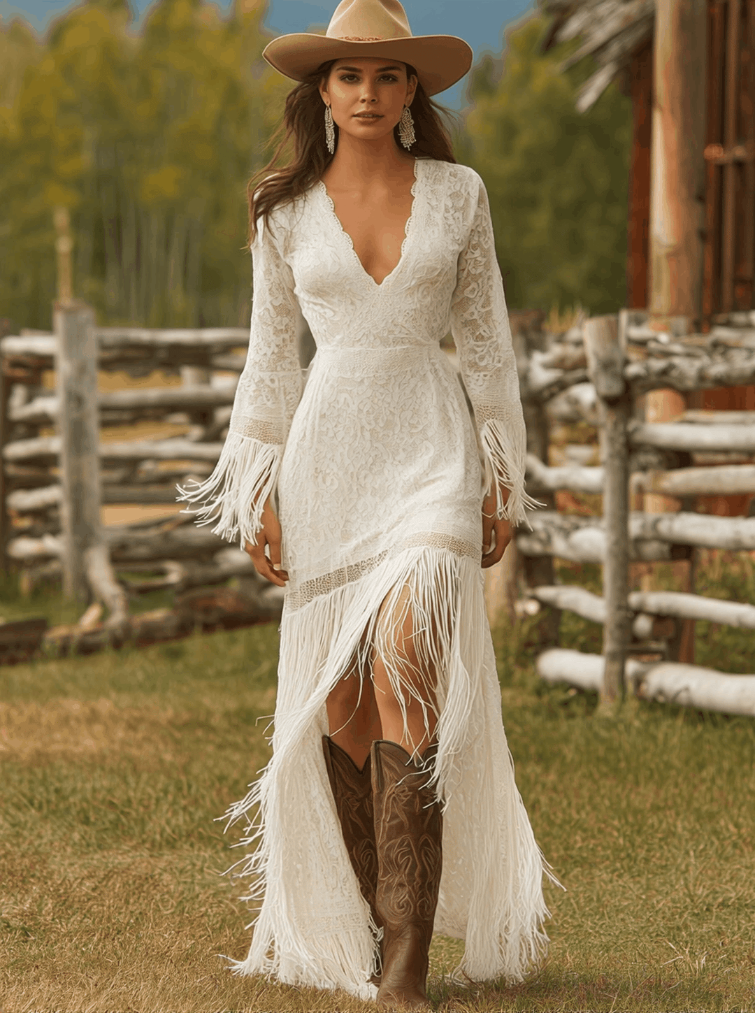 Elegant V-neck long sleeve maxi dress with fringe hem, perfect for wedding guests.