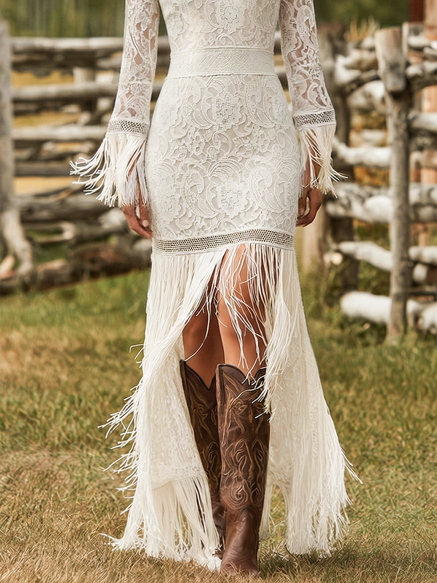 Formal V-neck maxi dress, long sleeve and fringe hem, ideal for evening parties.