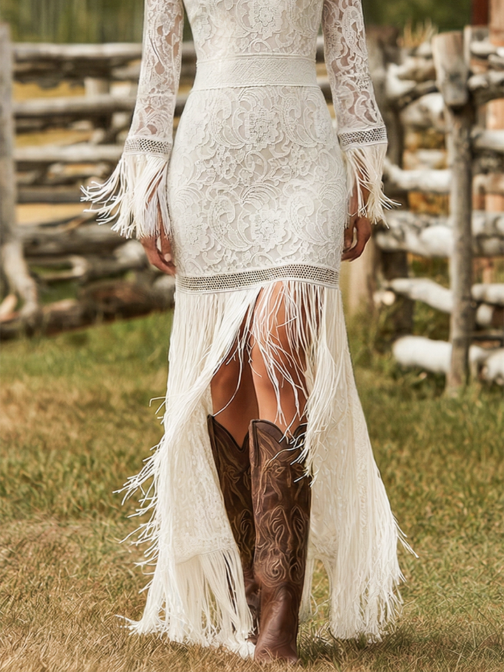 Formal V-neck maxi dress, long sleeve and fringe hem, ideal for evening parties.