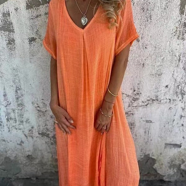 Women's stylish V-neck midi kimono dress, loose fit, perfect as a casual summer or daily dress.