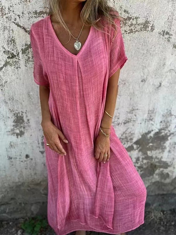 Effortless women's kimono midi dress with V-neck, loose fit, great for casual summer fashion & vacation.