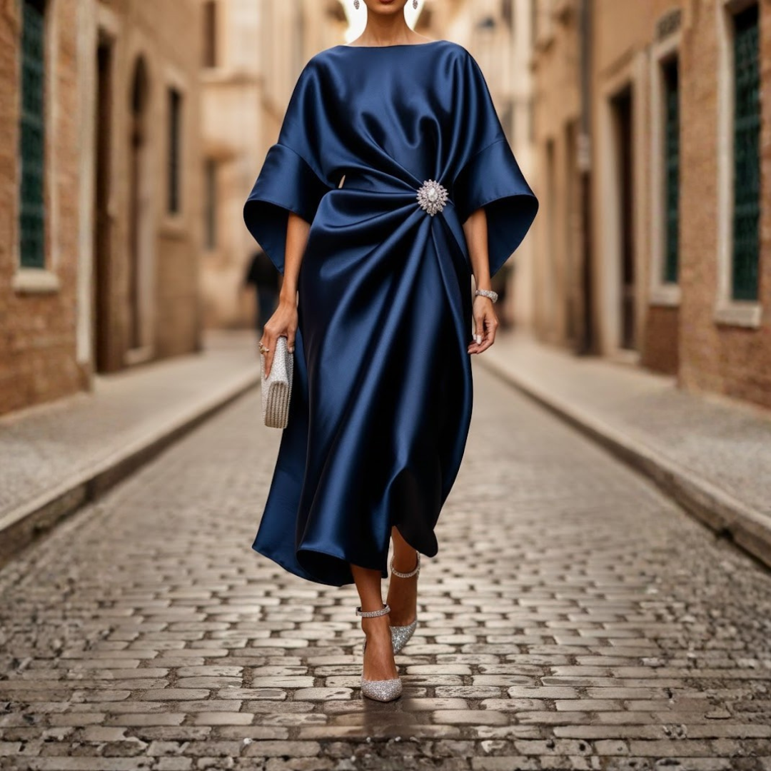 Women's V-neck midi dress with elbow sleeves, flared skirt, perfect for casual or elegant occasions.