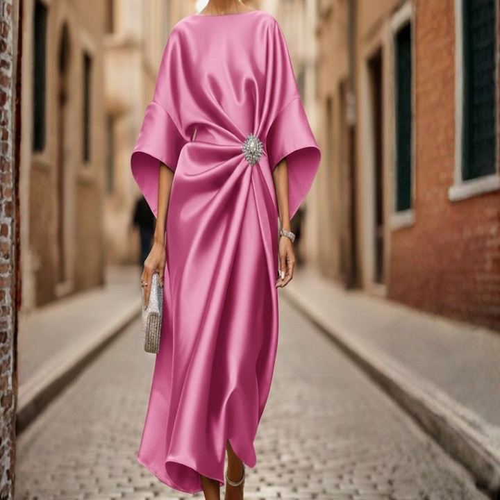 Feminine V-neck midi dress for women, includes practical pockets, elbow sleeves, and a flowy flared skirt.