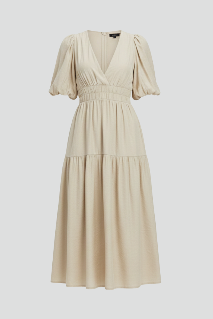 Women's V-neck midi dress with elegant puff sleeves and a flattering gathered waist, perfect for summer.