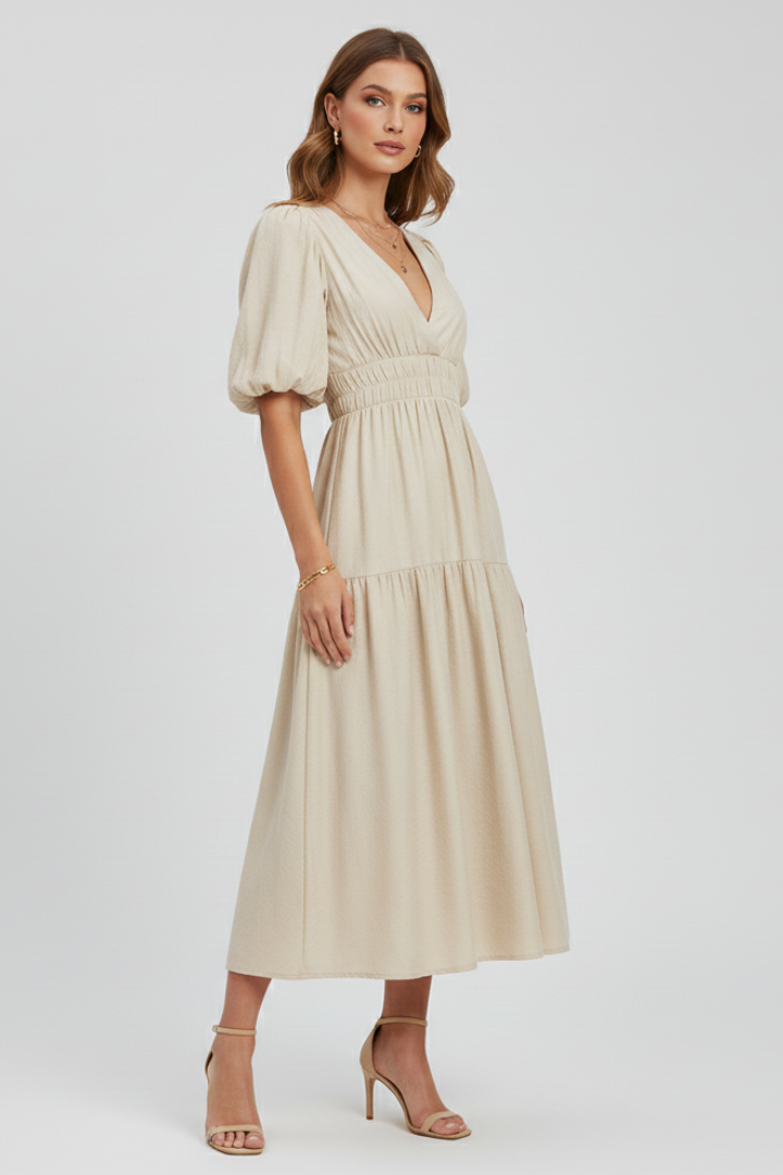 Elegant V-neck women's midi dress with fashionable puff sleeves and a comfortable gathered waist design.