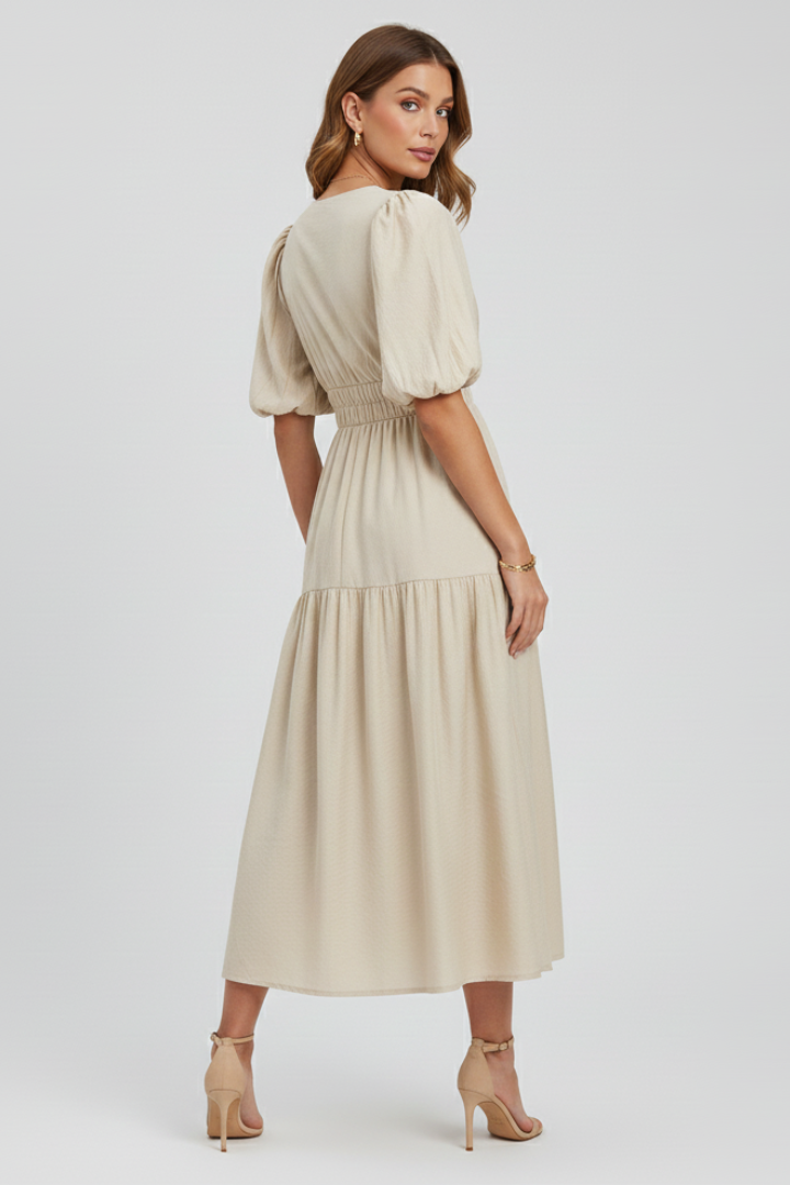 Party-ready women's V-neck puff sleeve midi dress, offering a chic style and flattering fit.