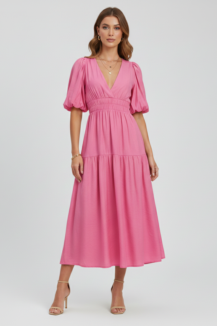 Stylish women's V-neck midi dress featuring elegant puff sleeves, a gathered waist, and a flowing skirt.