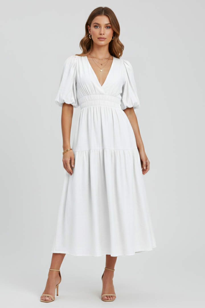 Versatile women's V-neck puff sleeve midi dress, perfect for summer parties or chic casual wear.