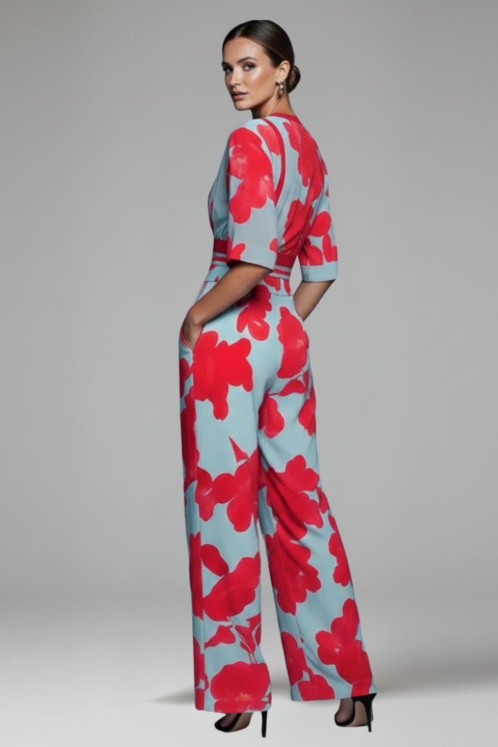 Comfortable women's casual printed maxi dress with V-neck, flutter sleeves, and a flattering wrap waist design.