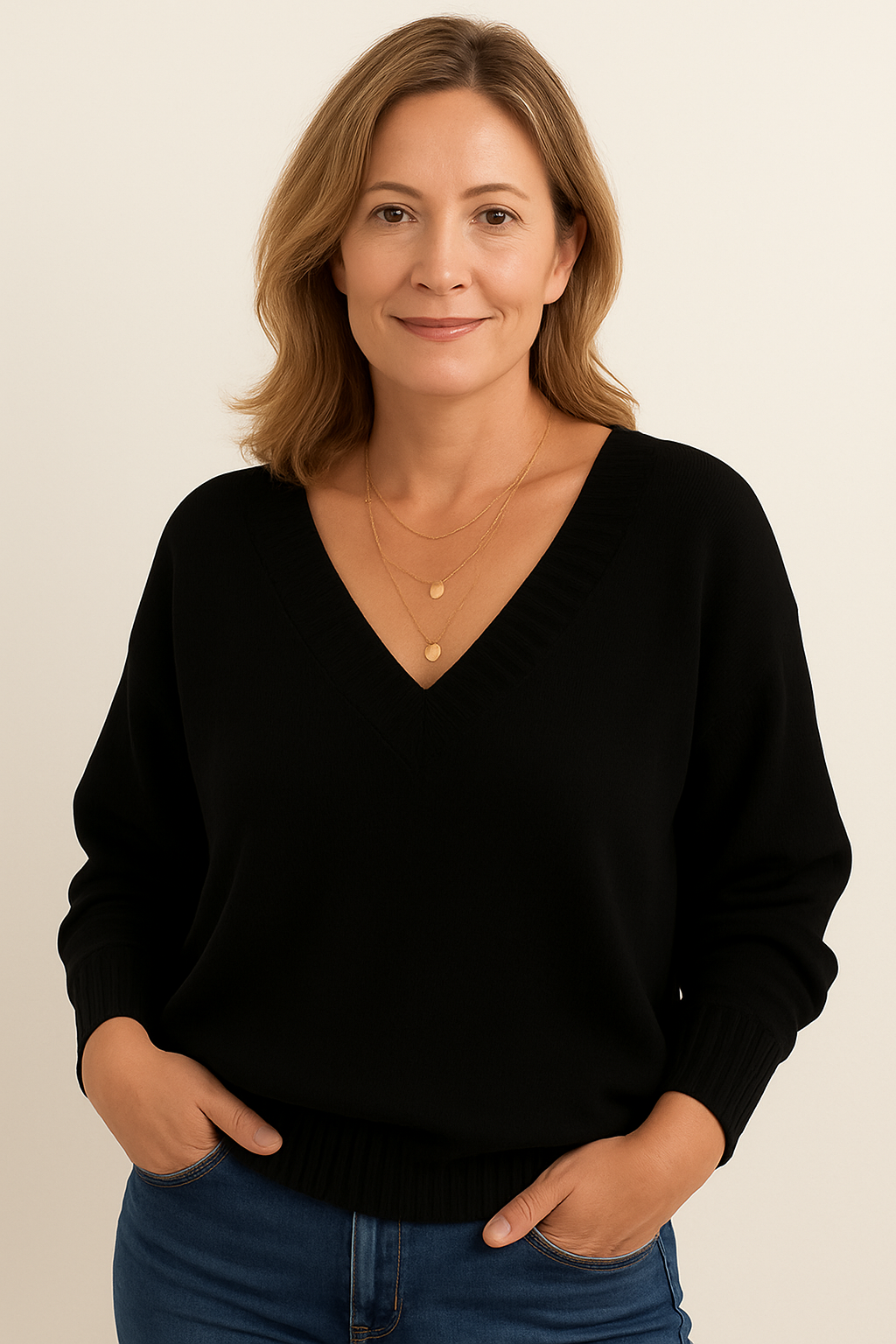 Women's relaxed fit V neck ribbed sweater. Long sleeve, comfortable for casual fall and winter style.