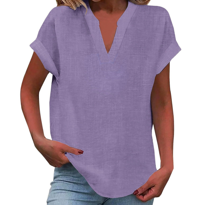 Women's V-neck short sleeve blouse for everyday comfort & casual style.