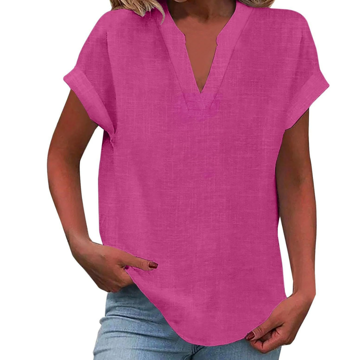Lightweight women's V-neck top with short sleeves, ideal for everyday comfort.