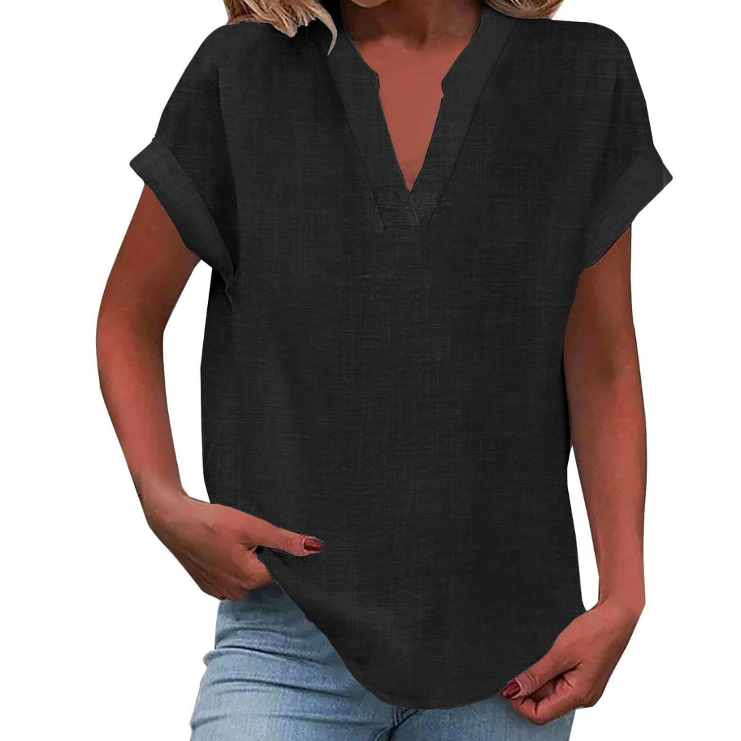 Chic short sleeve V-neck blouse for women, versatile for casual and everyday style.
