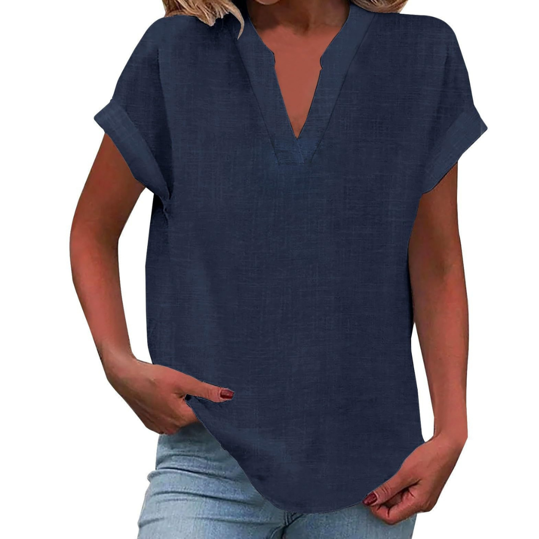 Comfortable women's V-neck top, short sleeves, a perfect plain blouse for summer.