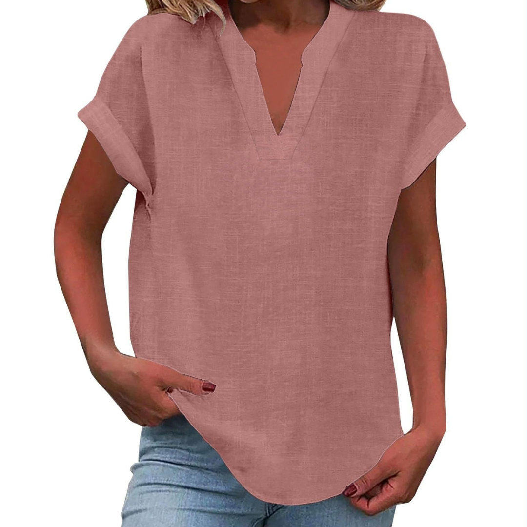 Chic ladies V-neck top with short sleeves, perfect for summer & spring fashion.
