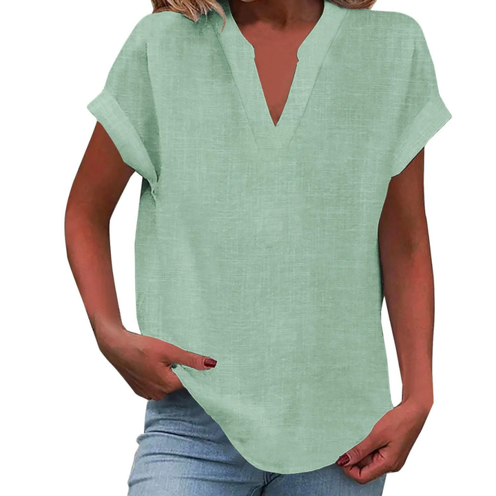 Versatile short sleeve V-neck top for ladies, great for relaxed everyday fashion.
