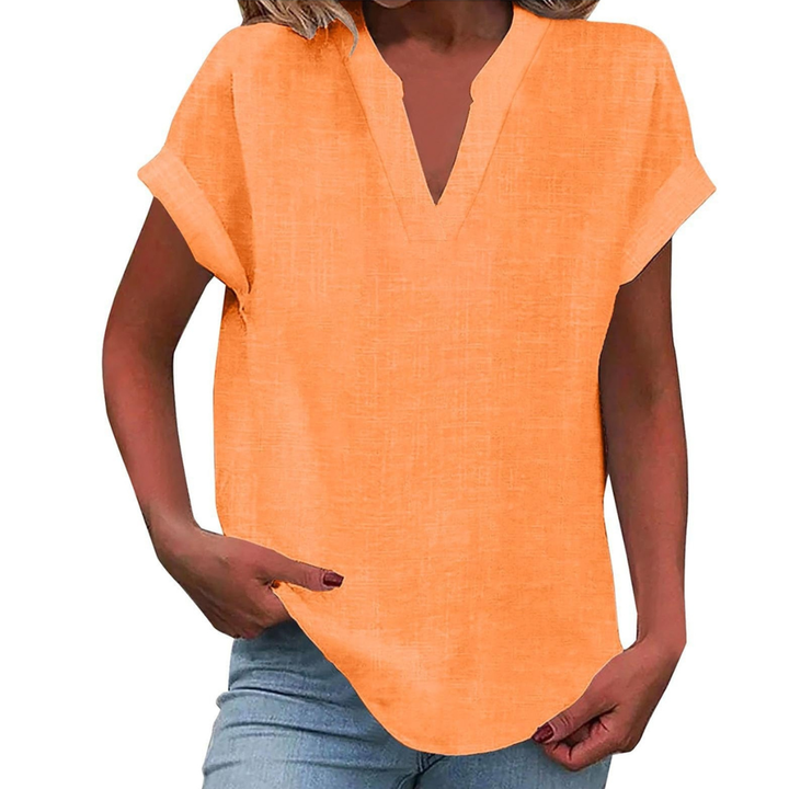 Plain V-neck short sleeve top for women, a comfortable & chic summer wardrobe staple.