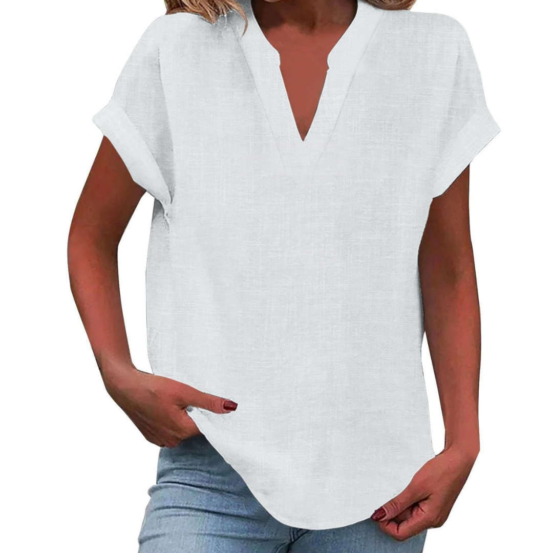 Relaxed fit V-neck blouse for women, short sleeves, perfect for casual spring fashion.